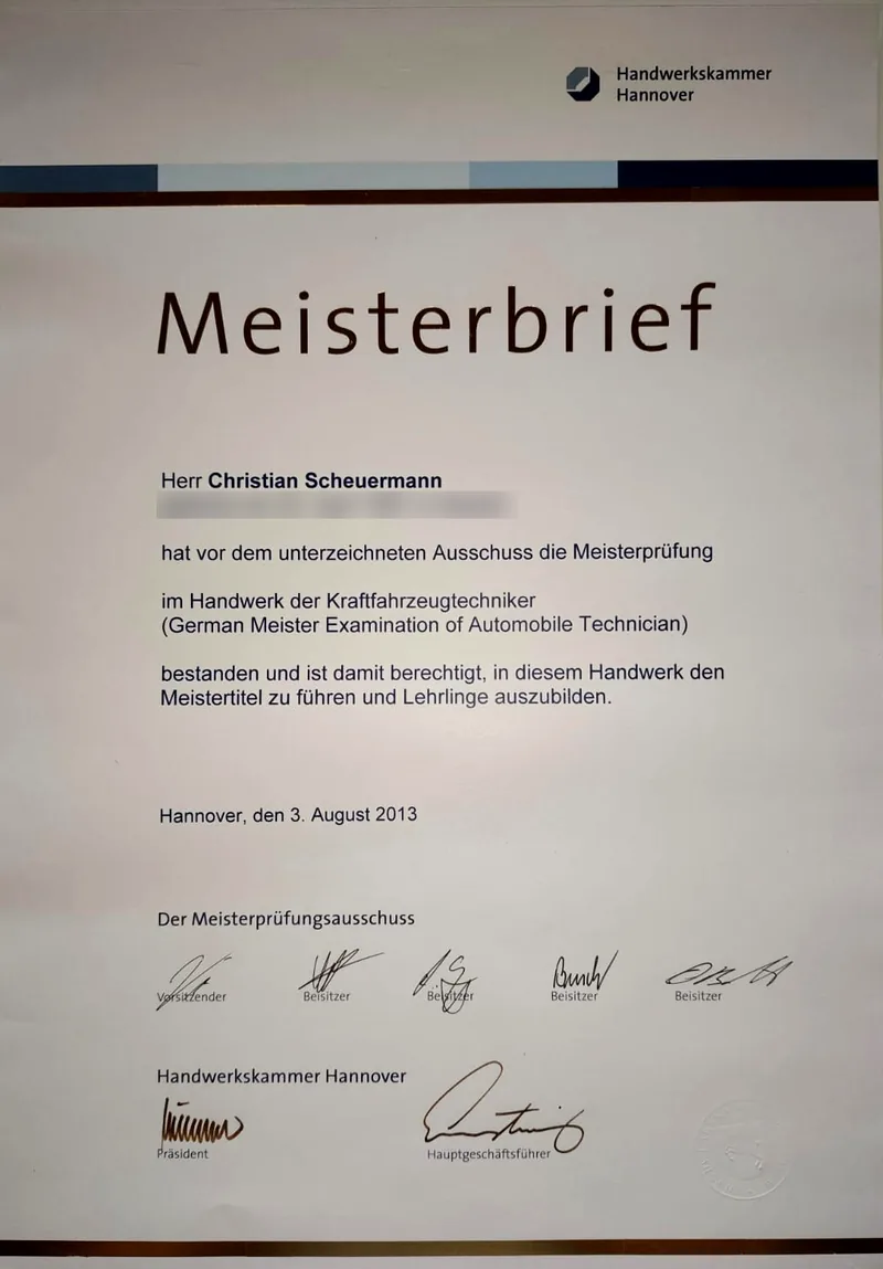 Meisterbrief von Christian Scheuermann, ausgestellt von der Handwerkskammer Hannover am 3. August 2013